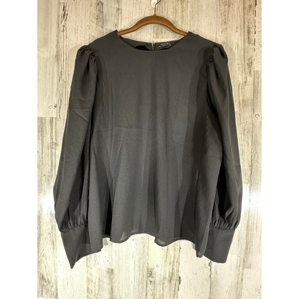 Ann Taylor Blouse Top Size Large Black Pleated Puff‎ Bishop Sleeve Zip Back